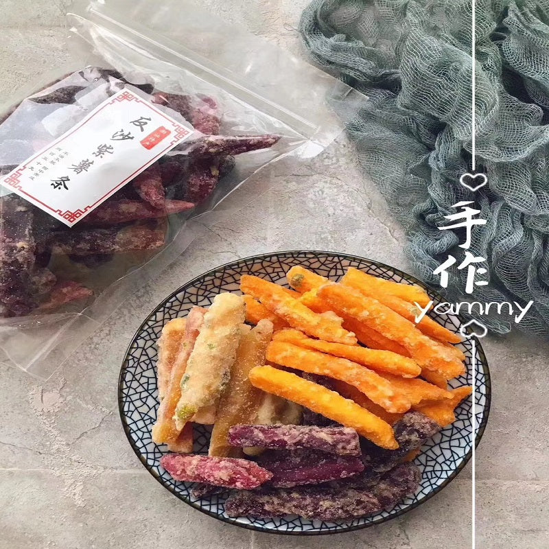 Chaoshan specialty, onion, taro, crispy bulk shredded taro, three-flavored sweet potato fries, purple fries, sweet potato strips   潮汕特产葱香芋头条香酥散装芋丝反沙三味反砂番薯条紫薯条地瓜条