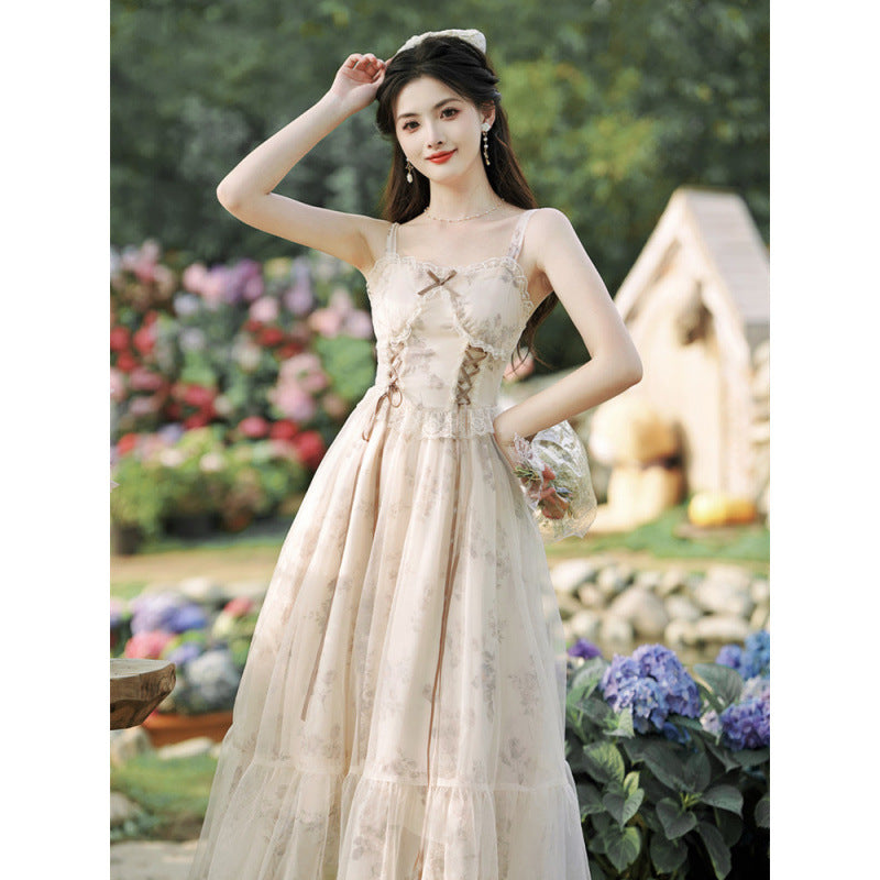 Everyday light Lolita French court style super fairy gentle suspender chiffon dress, sweet princess on the run.