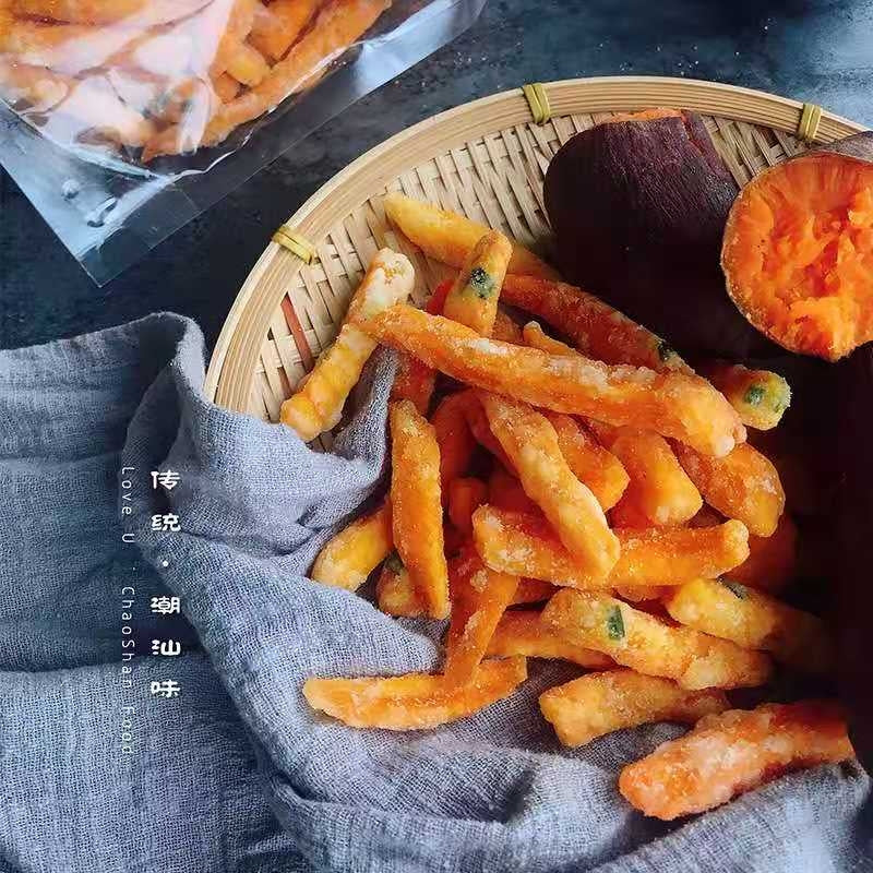 Chaoshan specialty, onion, taro, crispy bulk shredded taro, three-flavored sweet potato fries, purple fries, sweet potato strips   潮汕特产葱香芋头条香酥散装芋丝反沙三味反砂番薯条紫薯条地瓜条