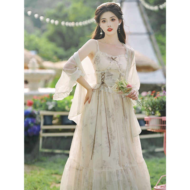 Everyday light Lolita French court style super fairy gentle suspender chiffon dress, sweet princess on the run.