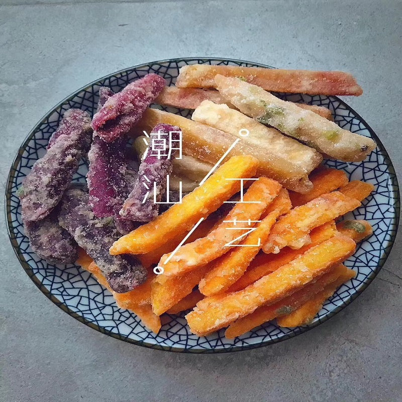Chaoshan specialty, onion, taro, crispy bulk shredded taro, three-flavored sweet potato fries, purple fries, sweet potato strips   潮汕特产葱香芋头条香酥散装芋丝反沙三味反砂番薯条紫薯条地瓜条